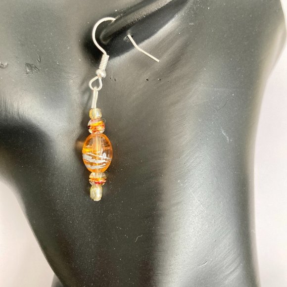 Peach Orange Murano Art Glass Earrings Bead Hand Painted Round Silver Plated - Picture 3 of 8